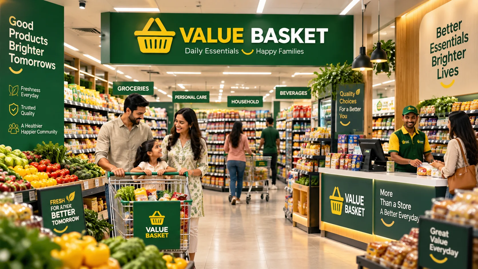 Value Basket supermarket franchise store interior with shoppers and staff